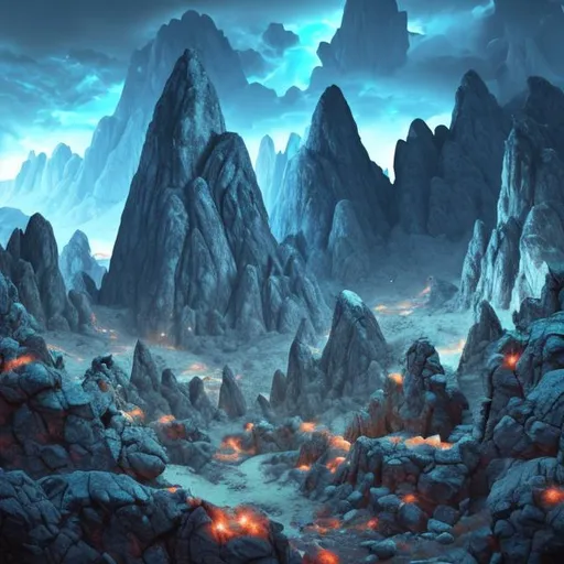 Prompt: Mountain scenery, cloudy, overcast lighting. South American mountain, very rocky, made up of granite and stone, evil tribe mines glowing blue crystal rocks there, smooth, digital paint strokes, arcane style