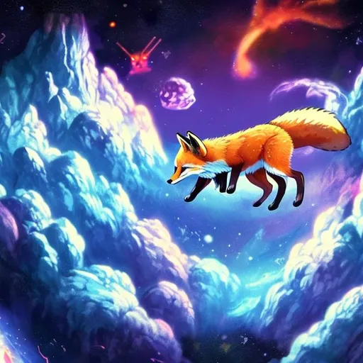 Prompt: fox in space swimming in a rainbow asteroid field 