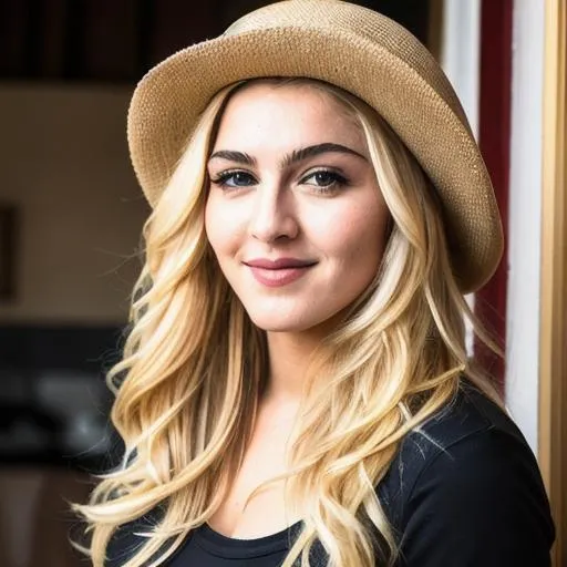 Prompt: Please create a photograph of a Madonna, 20 years old, as a pizza delivery girl, blonde hair, Madonna (singer), hat, perfect body, attractive, extremely, wide angle, detailed environment, detailed background, highly detailed, intricate, detailed skin, natural colors, professionally color graded, photorealism, 8k, moody lighting, art by George Pfau