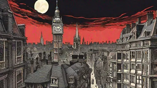 Prompt: A supple view of a city with a clock tower and a red sky, victorian vampire, marc newsom, very aesthetic, illustration of Jacques Tardi, Enki Bilal,huge red moon,ominous vibes, the fabulous city of london, ( ( ( anime ) ) ), nineteenth century london