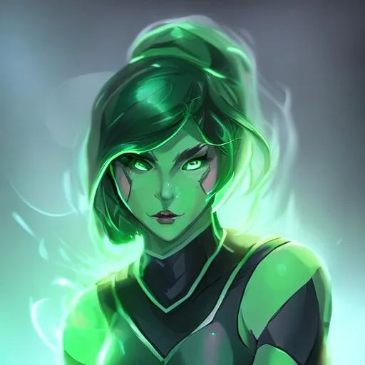 Prompt: Female earth genasi druid, elegant green armor, black hair, pale skin, glowing green eyes
