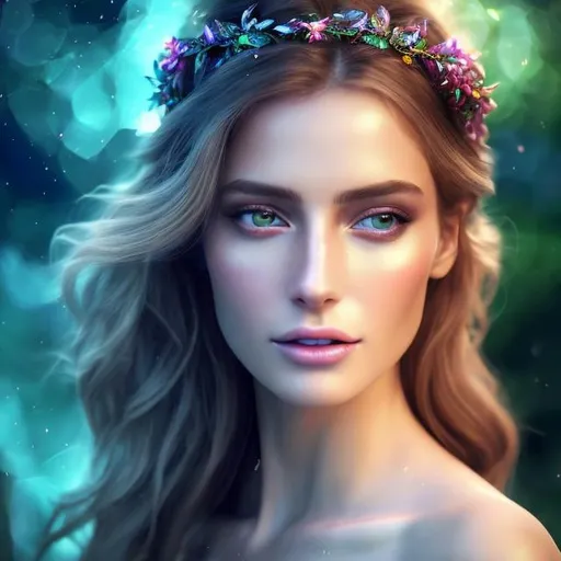 Prompt: HD 4k 3D 8k professional modeling photo hyper realistic beautiful woman ethereal greek goddess of fresh water and clouds
dark red hair green eyes gorgeous face pale skin green and blue shimmering dress jewelry and winged tiara full body surrounded by magical glowing light hd landscape background wading in rivers streams fountains clouds