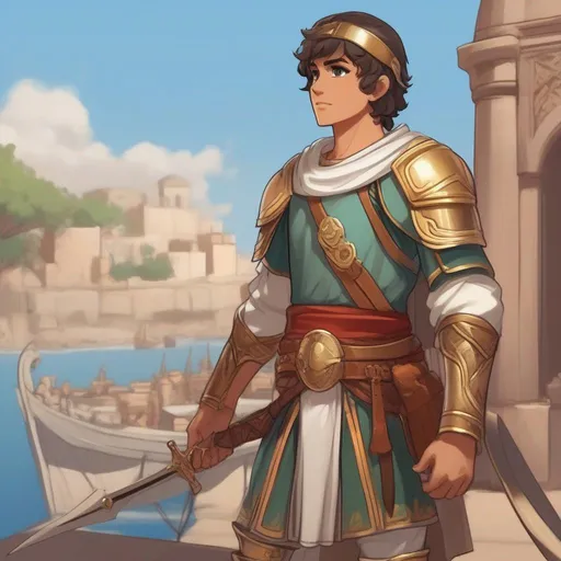 Prompt: A cute Carthaginian young soldier . He is of middleastern skin tone. We wears a Carthaginian helm. In background an carthage round port. Rpg art. Anime art. 2d art. 2d. Well draw face. Detailed. Dynamic pose. 