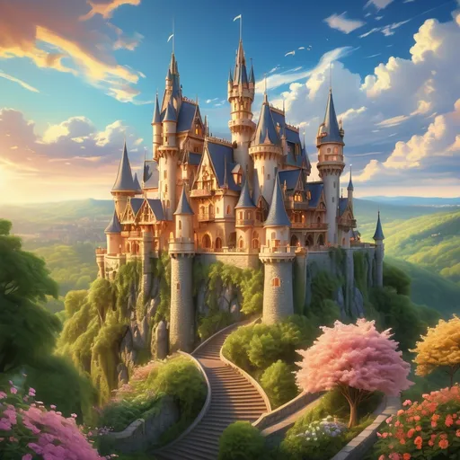 Prompt: Majestic fairytale castle on a hill, nestled amidst lush green trees, soft clouds drifting, vibrant sunset bathing the scene in warm golden hues, enchanting ambiance, whimsy and magic, flowers blooming at the base of the hill, intricate architectural details, beautifully designed towers and turrets, ultra-detailed, capturing a storybook charm with a serene atmosphere.