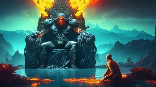 Prompt: An Imposing God sitting in a Throne of Water, Bright, Fire, Smoke, Vegetation Hyper Realistic.