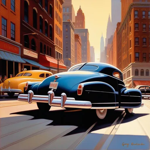 Prompt: 1940s, New York City, car chase, sunny weather, warm atmosphere, cartoony style, extremely detailed painting by Greg Rutkowski and by Henry Justice Ford and by Steve Henderson