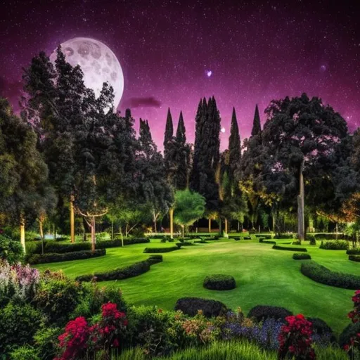Prompt: A garden of dark colored scenery with a full moon night sky background. black roses around tall trees and fields of green grass with a cathedral 