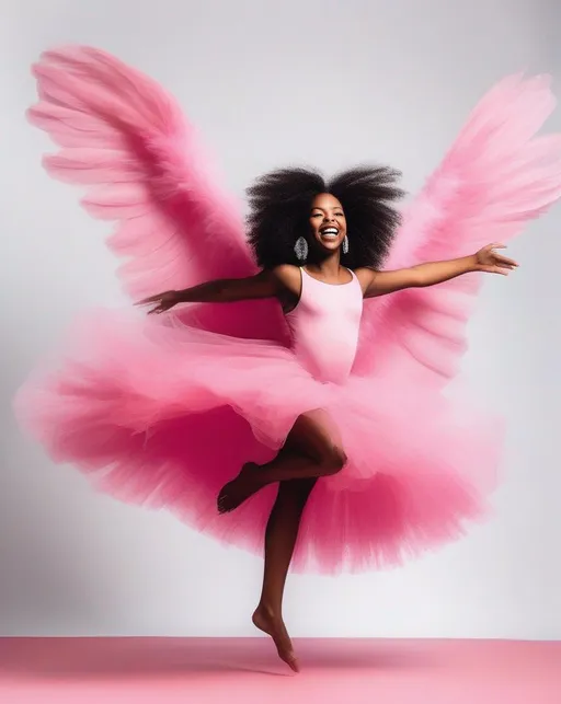 Prompt: A beautiful black girl dressed in pink tulle  against a white background leaps across a stage, arms extended like wings, representing themes of empowerment and being true to oneself from Dean Atta's The Black Flamingo