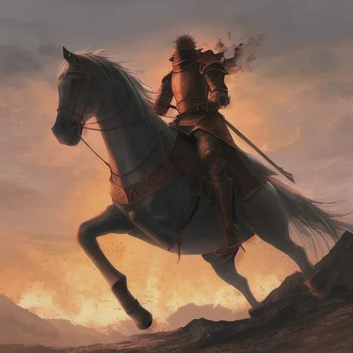 Prompt: The beginning of the end. Fire in the sky. A brave knight is riding to the river. photorealistic.