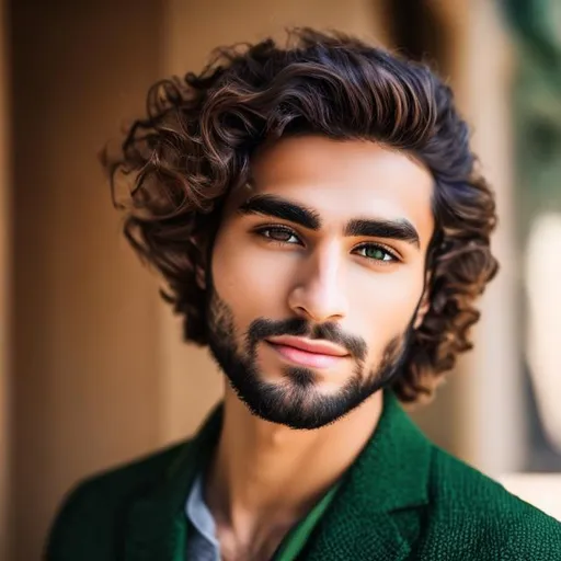 Prompt: A portrait of a very handsome man 20 year old with brown curly hair, green eyes,  short trimmed beard,, and short trimmed beard, armor, 8k, full and best quality, and aattractive muscular physique
