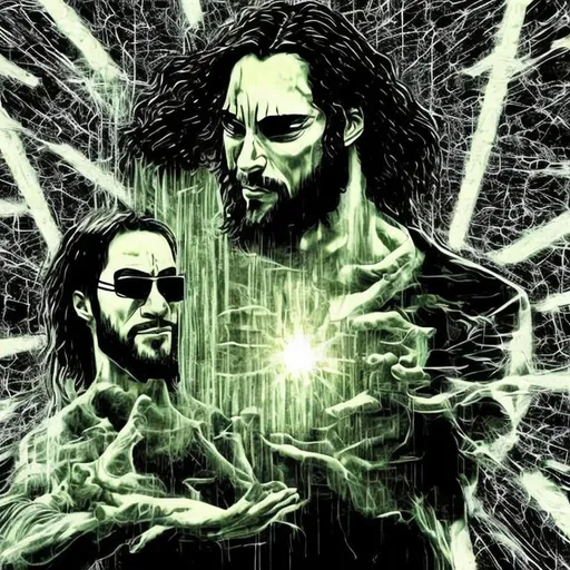 Prompt: Jesus in the matrix plugged in, jacked in, neo meets Jesus, centred In the very middle of the image 