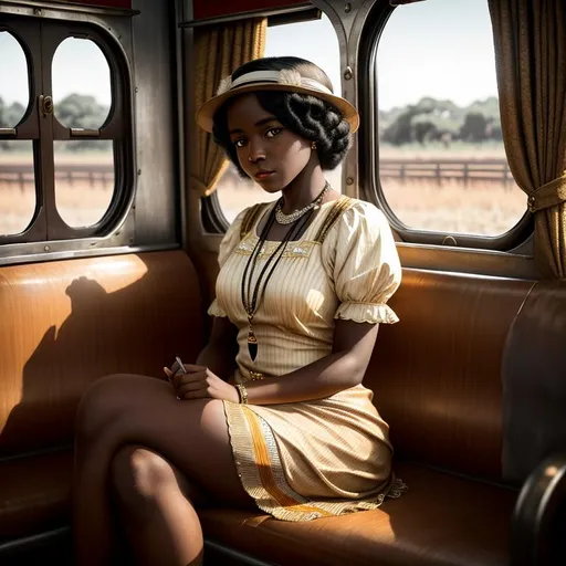 Prompt: old time photo of young African girl, dressed with 1920s hair, dressed like flapper, sitting on train, raw photo, photorealistic, High Detail, dramatic, UHD, HDR raw photo, realistic, sharp focus, 8K high definition, insanely detailed, intricate, high quality, 