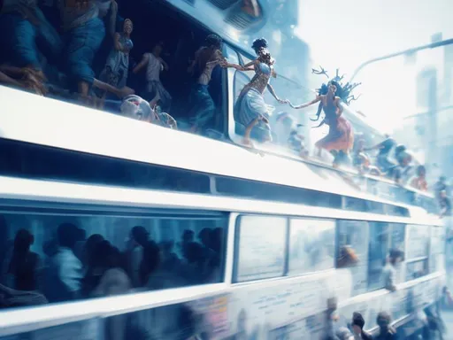Prompt: dancing people in a bus, perfect composition, hyperrealistic, super detailed, 8k, high quality, trending art, trending on artstation, sharp focus, studio photo, intricate details, highly detailed, cyberpunk, by greg rutkowski