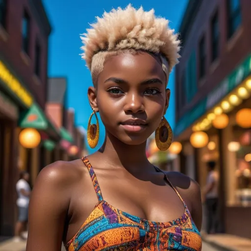 Prompt: Full body view, (beautiful 18-year-old young black woman), vibrant atmosphere, full body, dark chocolate skin, short bleached hair, striking eyes, lush colors, high depth, ultra-detailed, captivating and imaginative composition.