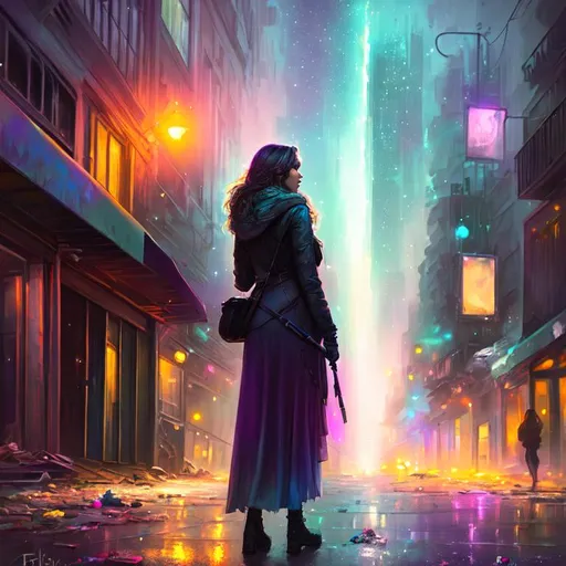 Prompt: painting of a woman, nighttime, post apocalyptic city street, ruins, trash, galaxy, soft light, pastel colors, muted color scheme, art, painting, fireflies