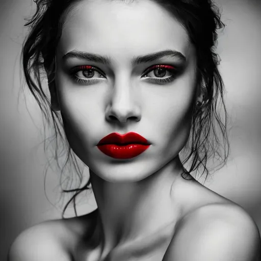 Prompt: Womans face in black and white portrait but her lips in blood red lipstick close up shot