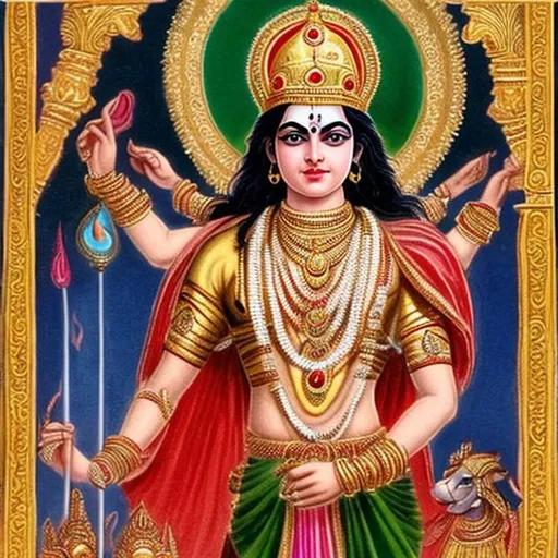 Prompt: The traditional representation of Kalki includes a majestic figure with a radiant aura, often dressed in royal attire, and carrying divine attributes. In some depictions, he is shown as a young, powerful, and heroic figure, symbolizing his role as a savior and deliverer of the world

