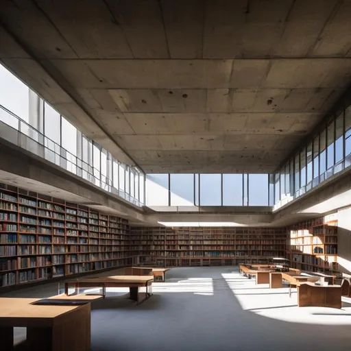 Prompt:  an unending Library, brutalist architecture, natural light