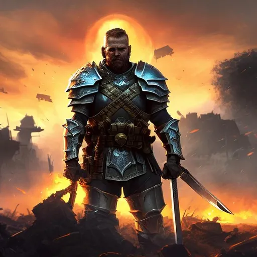 Prompt: a strong guy, holding a shiney sword, looking thoughtful, weared armor, a war landscape with corpses on the ground, sun rising