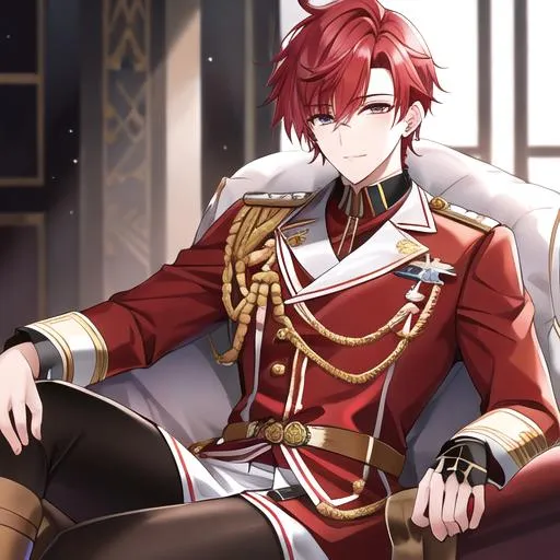 Prompt: Zerif male (Red half-shaved hair covering his right eye) 4k, wearing a royal uniform