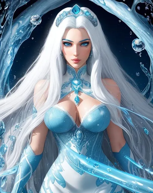 Prompt: A beautiful 15 ft tall 30 year old ((British)) Water elemental Queen with light skin and a beautiful face. She has long white hair  and white eyebrows. She wears a beautiful slim blue dress. She has brightly glowing blue eyes and water droplet shaped pupils. She wears a blue tiara on her head. She has a blue aura around her. She is using blue water magic in battle against a giant space monster. Epic battle scene. Full body art. {{{{high quality art}}}} ((goddess)). Illustration. Concept art. Symmetrical face. Digital. Perfectly drawn. A cool background.