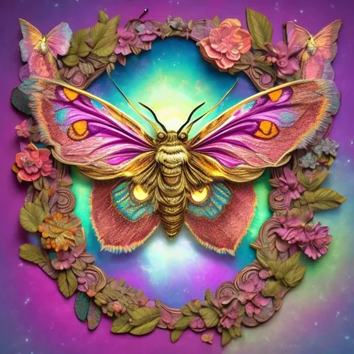 Prompt: Ornate moth diorama in the style of Lisa frank