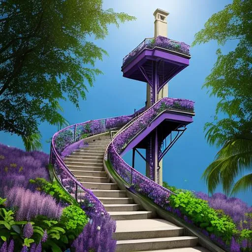 Prompt: stairway to the sky with beautiful purple flowers-Beautiful creation
