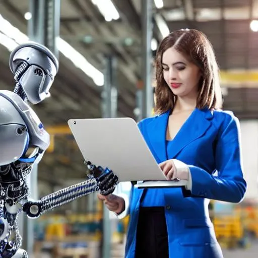 Prompt: cooperation between a woman and a robot in an industrial environment
