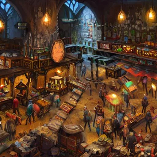 Prompt: large, cavernous hall as large as a town with a fantasy bazaar, with stalls, food stands, and taverns, cinematic composition, detailed, concept art, Matt painting, oil painting, high res, bird view