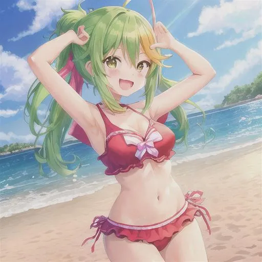 Prompt: {{{{Anime Girl in Bikini}}}} - Create a vibrant and lively digital artwork featuring an original anime girl enjoying a sunny day at the beach in her colorful bikini. Design her with a cheerful and confident expression, exuding a carefree and playful vibe.

Emphasize the girl's personality through her pose and body language, portraying her as joyful and carefree while embracing the summery atmosphere. Accentuate her bikini with intricate details and shading to make it visually appealing.

Surround the character with a picturesque beach setting, with (golden sand) and (turquoise waves) gently lapping the shore. Add (seashells) and (coconut trees) to enhance the tropical ambiance.

Use a (bright and warm color palette) to evoke the feeling of summer and fun. Ensure that the artwork has a sense of movement and dynamism, making the character look like she's enjoying the beach to the fullest.

As you craft this artwork, strive for the {{highest quality}} in digital artistry. Utilize (lifelike textures brush strokes) to add depth and realism to her features and the surrounding elements. Aim for {{hyperrealistic intricate art}}, ensuring that every detail is carefully crafted to bring this joyful moment to life.

Present the final artwork in (perfect 4k resolution) to showcase the stunning beauty of the scene and the anime girl's radiant charm.