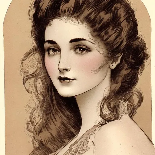 Prompt: a vintage illustration of a beautiful lady, in sepia tones, victorian, in the style of Charles Dana Gibson 
