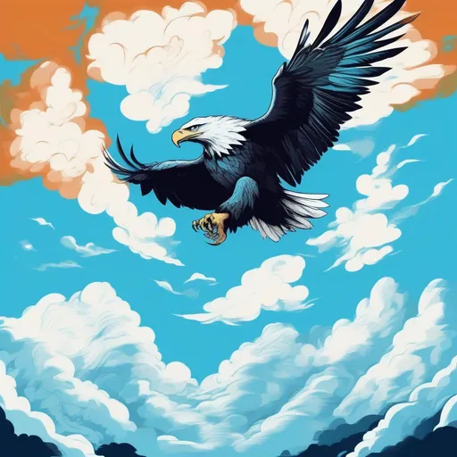 Prompt: Brutal Torrent, light blue sky and white buffy clouds, angry eagles, best quality, masterpiece, in psychedelic  style