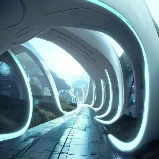 Prompt: futuristic tunnel that curves around a bend in the distance
