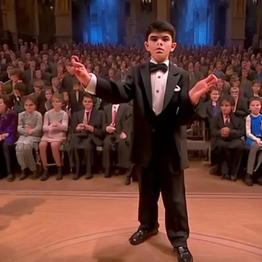 Prompt: 13 year old boy in a tuxedo stands up in the audience and casts a crazy magic spell on the actors