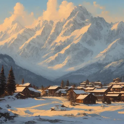 Prompt: A very simple painting of an alpine village with a snowy mountain range in the backround.