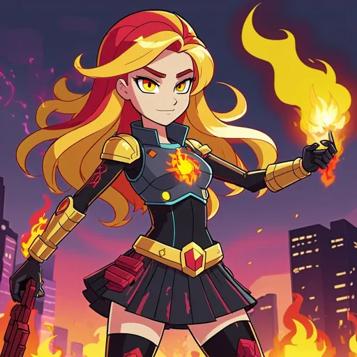 Prompt: cyberpunk equestria girls sunset shimmer wearing a skirt and armor and wielding fire magic