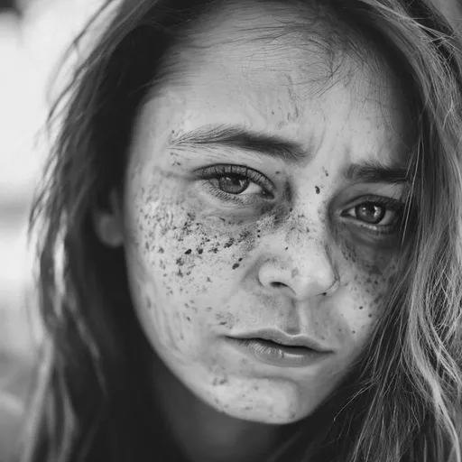 Prompt: Womans face in black and white portrait but her eyes in color close up shot with sadness in eyes