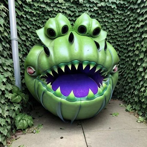 Prompt: GIANT GREEN Plant that has a HUGE  trap as a mouth and inside is blue mouth with a blue tounge; With multuple Sharp teeth; vines and leaves in the air, little shop of horrors