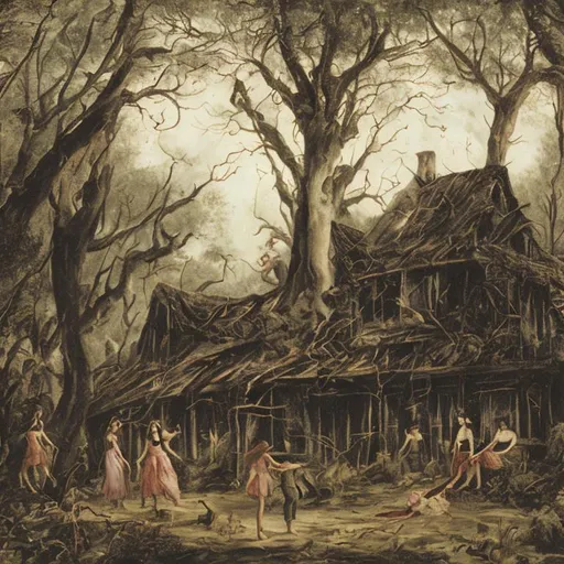 Prompt: burning house with females in the forest