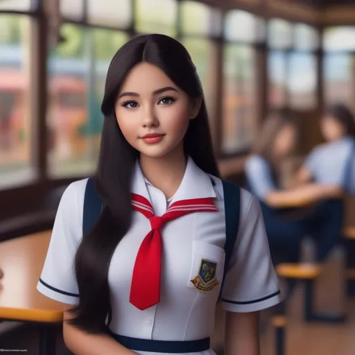 Prompt:  16 year old Most Beautiful Mix of Slavic and Filipina Petite Babyface Feminine Idol Girl with brown eyes, black hair, and a curvy body with a small waistline in a School Uniform. Theme Park. Ultra realistic.  Full body view showing (cleavage) and thighs. (Sensual). (Erotic). Best Quality. 