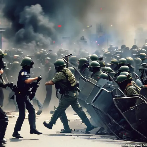 Prompt: crowd, riot, city, banzai charge, battle, protesters vs police, riot shield wall, testudo