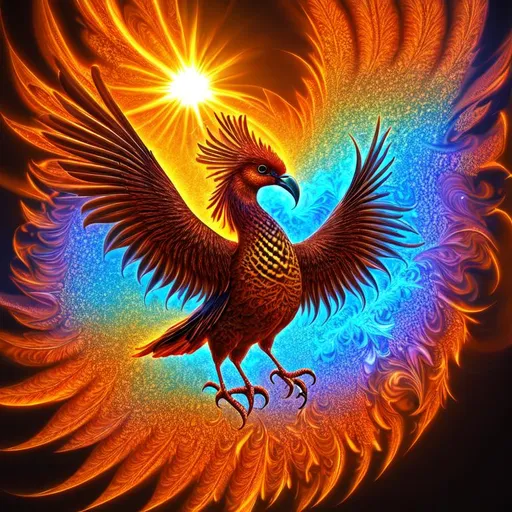 Prompt: full color fulia clusters fractal brown An organic surface generated with Perlin noise and Fractal geometry,  spectacular phoenix bird, holding the sun so bright in its claws highly-detailed, high resolution, 3d, hd, uhd.