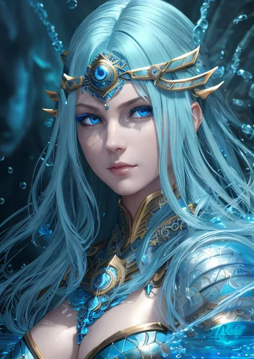 Prompt: portrait of goddess of water, armored, oil painting, aquatic elemental, sanctum, straight blue hair, blessed, miracle, shiny blue eyes, detailed lips, mesmerizing, gorgeous, stunning, highly detailed concept art, high resolution scan, hd octane render, intricate detailed, highly detailed face, unreal engine, trending on artstation, UHD, 8k, Very detailed