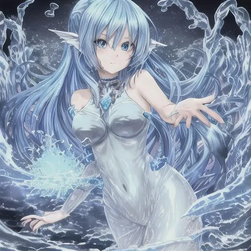 Prompt: anime girl with water elemental, blue hair, and blue eyes