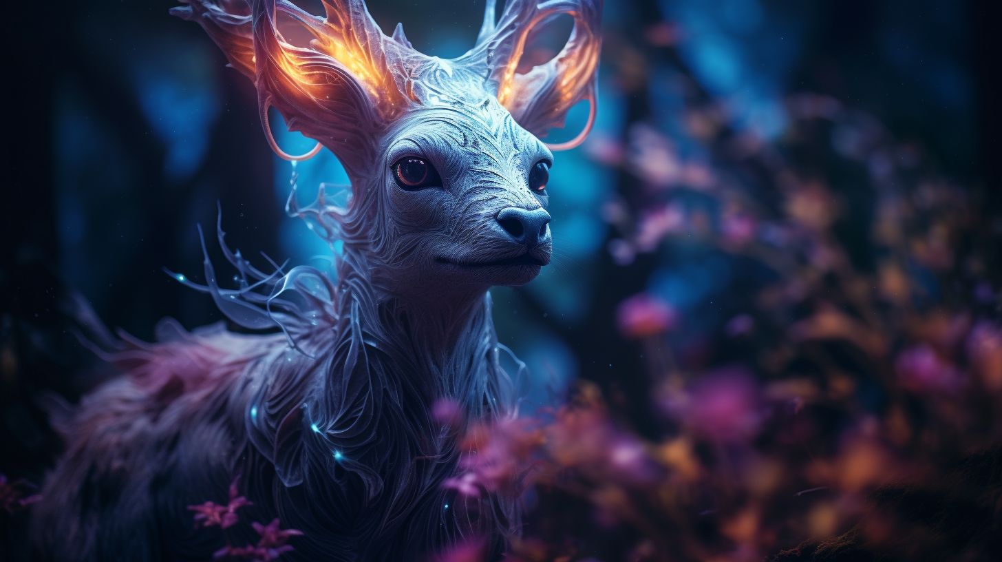 Prompt: The image is an artistic macro photo that creatively highlights a specific detail of a mythical creature, blending elements from the forest and sky. Positioned in a fantastical realm with bioluminescent plants and celestial phenomena, the photo enhances the colors and applies artistic effects to create a dreamy and otherworldly atmosphere. The attention to detail and the creative use of focus and lighting serve to accentuate the magical quality of the scene.