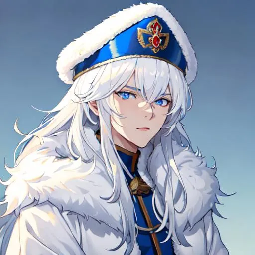 Prompt: Russia as a male human, 8k, UHD,  highly detailed, white hair, blue eyes, wearing a fluffy giant jacket and a ushanka