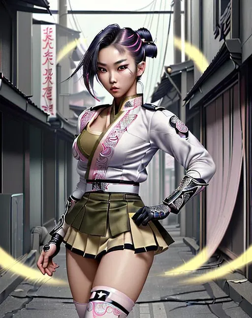 Prompt: Professional Photo Realistic Image of a hyper stylized martial artist  wearing a tight feminine army uniform and short skirt, with panties slightly visible, beautiful perfect young elegant Korean Woman, perfect super cute face, absolute proportions, amazing body, intricate hyper detailed random color hair, intricate hyper detailed stylized makeup, intricate hyper detailed full body visible, lean feminine body, in a dystopian city back alley,

HDR, UHD, high res, 64k, cinematic lighting, special effects, hd octane render, professional artist, studio lighting,

by Artstation illustrators, by DevianArt illustrators, intricate details, face,  full body portrait, headshot, illustration, UHD, 4K