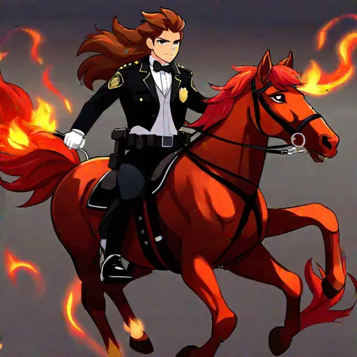 Prompt: Caleb  as a police officer (brown hair) (brown eyes) wearing a tuxedo, full body, riding a (demon horse, glowing red eyes, black coat, firey mane and tail)