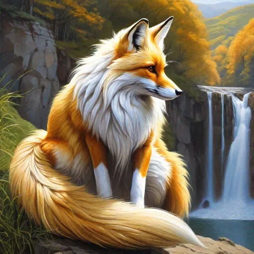 Prompt: hyperrealistic, best quality, professional oil painting, anime, masterpiece, nine-tailed female fox sitting on a cliffside, golden fur, head cautiously bent forward, thick silky white-gold mane, nine tails, kitsune, gorgeous cliffside waterfall, rainbow, shy, timid, cautious, perfect composition, highly detailed, (sharp expressive detailed eyes:3), UHD, HDR, unreal engine, high octane render, 8k, intricate detail, 8k eyes, yuino Chiri, golden ratio, high octane, cinematic, intricately detailed mouth, highly detailed paws, breathtaking scenery, majestic sunrise