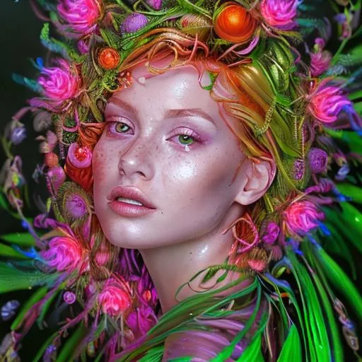 Prompt: Insanely Detailed surreal portrait of realistic beautiful nature dryad covered in foliage and flowers in rococo outfit, picturesque meadow landscape in background, pop surrealism, vibrant gradient colors, fuchsia orange lilac green, concept art, editorial, "waterfall in hair", Hyperdetailed Painting artistic portrait CGSociety ZBrush Central Fantasy Art 8K holographic vibrant vivid symmetrical radiant sharp focus smooth, mother nature woman, anime character, background digital painting, digital illustration, extreme detail, digital art, ultra hd, vintage photography, beautiful, tumblr aesthetic, retro vintage style, hd photography, hyperrealism, extreme long shot, telephoto lens, motion blur, wide angle lens, deep depth of field, warm, anime Character Portrait, Symmetrical, Soft Lighting, Reflective Eyes, Pixar Render, Unreal Engine Cinematic Smooth, Intricate Detail, anime Character Design, Unreal Engine, Beautiful, Tumblr Aesthetic,  Hd Photography, Hyperrealism, Beautiful Watercolor Painting, Realistic, Detailed, Painting By benjamin lacombe, Fine Art, soft lustrous biotech raver gutter punk gothic cyborg, details, scifi, fantasy, cyberpunk, long curly hair, golden robes and armor, intricate, shimmer, glitter, golden, decadent, highly detailed, digital painting, octane render, artstation, concept art, smooth, sharp focus, illustration, art by artgerm, loish, wlop , illustration of a monster, horror, beautiful face, dead space, cyberpunk, nightmare by tom bagshaw and Akihiko Yoshida and luis royo and rosalba carriera, hyper realistic, yoshitaka amano.